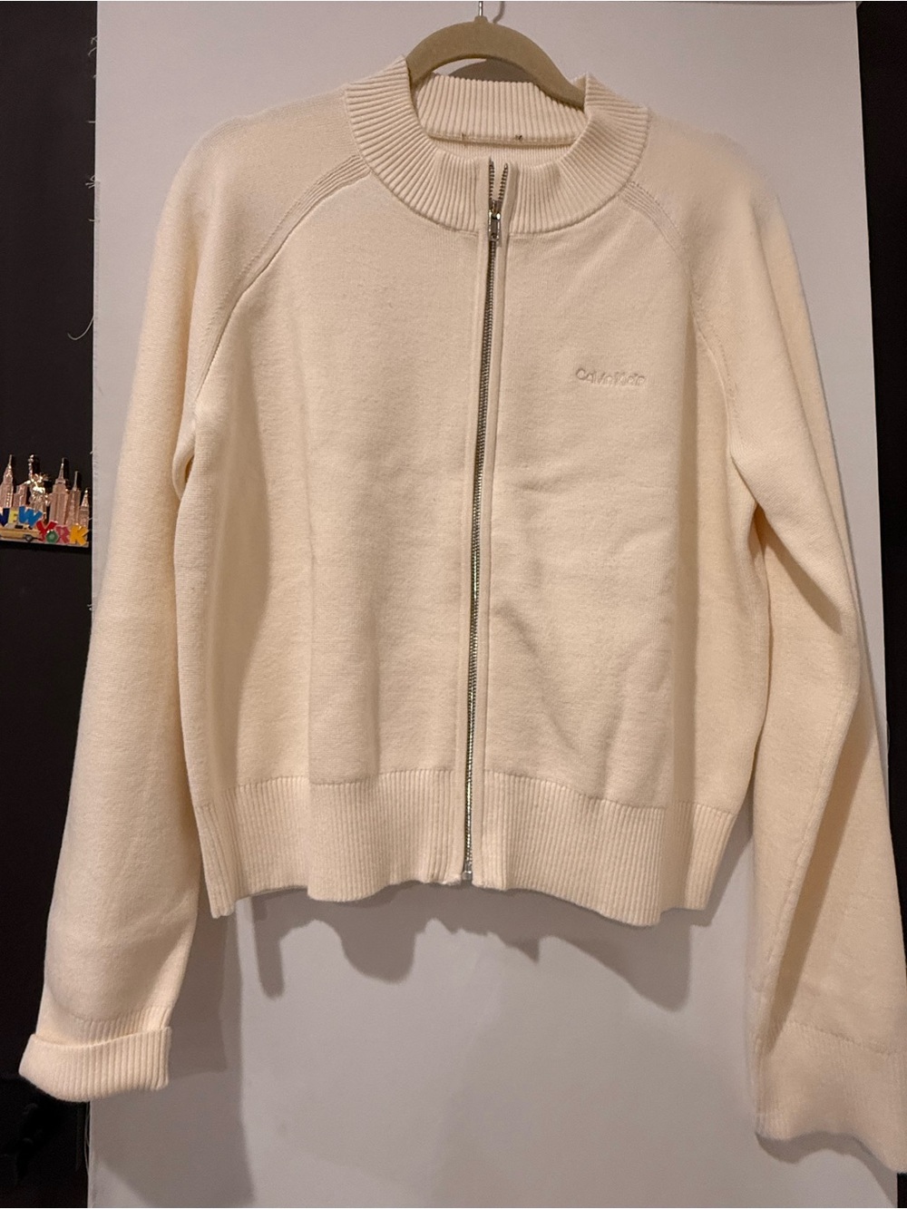 Calvin Klein Cream Full-Zip Ribbed Collar Sweater